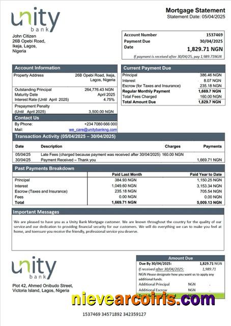 Nigeria Unity Bank mortgage statement Word and PDF template